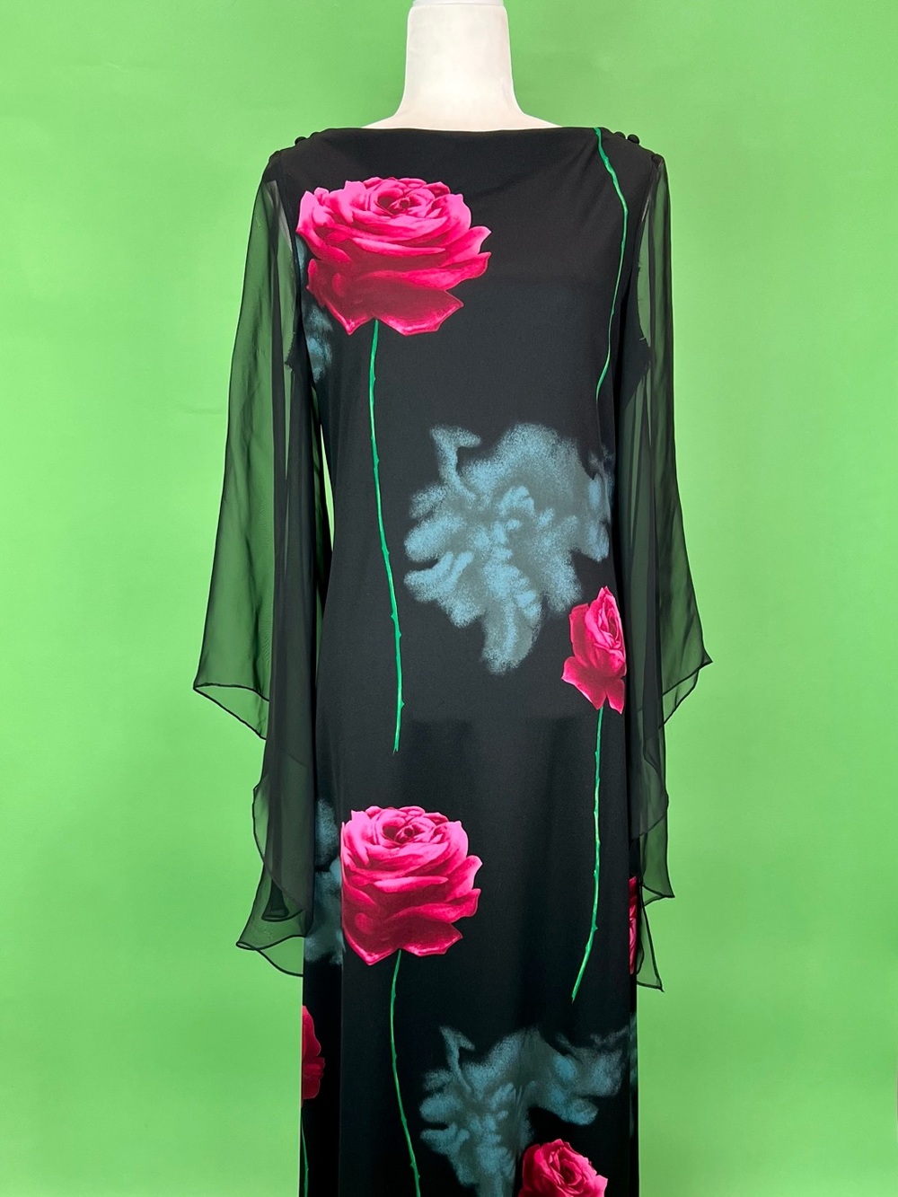 Vintage 70s Black Rose Print Maxi Dress with Chiffon Angel Sleeves Size M/L